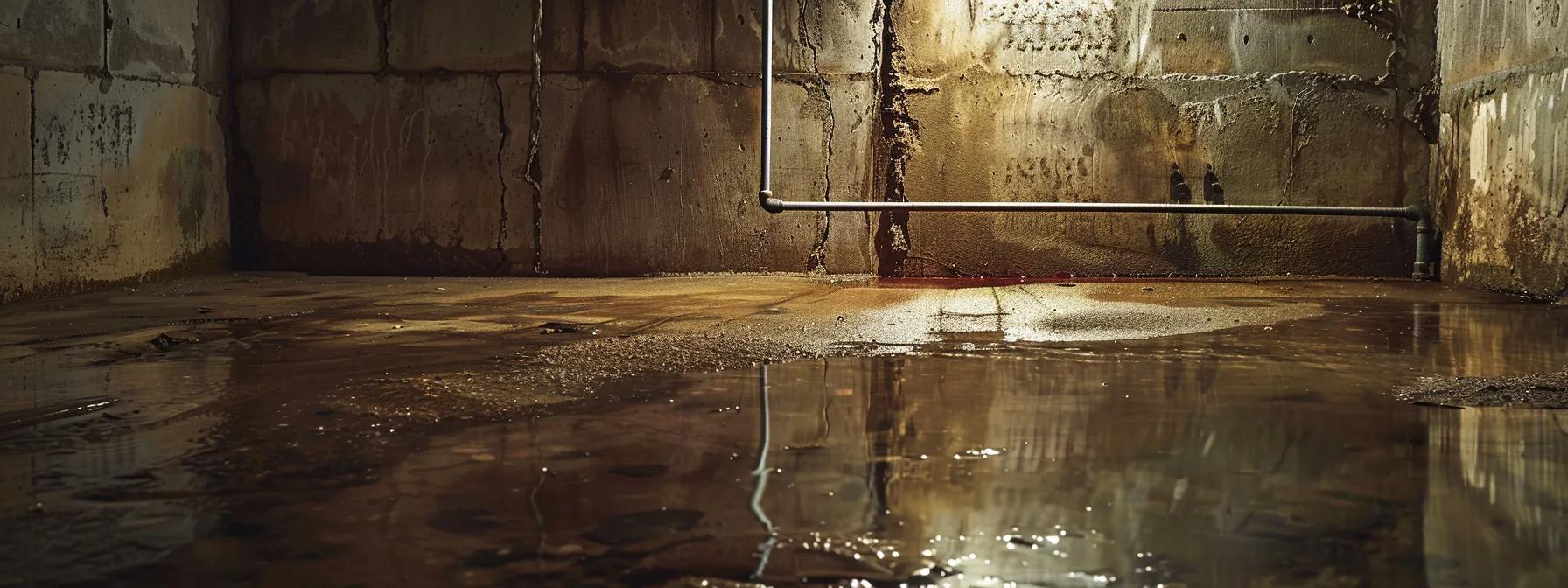 a dimly lit basement showcases visible water stains and puddles on the concrete floor, highlighting the critical signs of water intrusion that demand immediate attention for structural integrity.