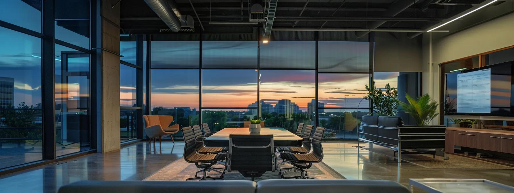 a modern office space featuring a knowledgeable basement waterproofing professional discussing tailored service options with a client, illuminated by soft, focused lighting that highlights detailed samples of waterproofing materials on a sleek conference table.