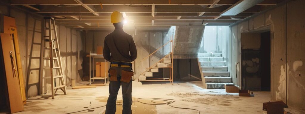 a professional contractor surveys a modern, waterproofed basement equipped with advanced technology, showcasing the clear advantages of expert solutions over diy methods in a bright, well-lit urban setting.