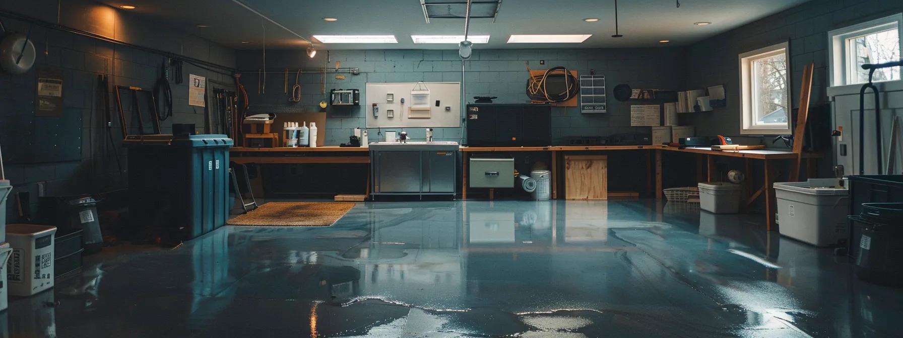 a sleek, modern basement interior showcases a professional waterproofing setup, featuring advanced equipment and materials organized methodically, emphasizing the contrast between the professional's thorough approach and the potential chaos of diy methods.