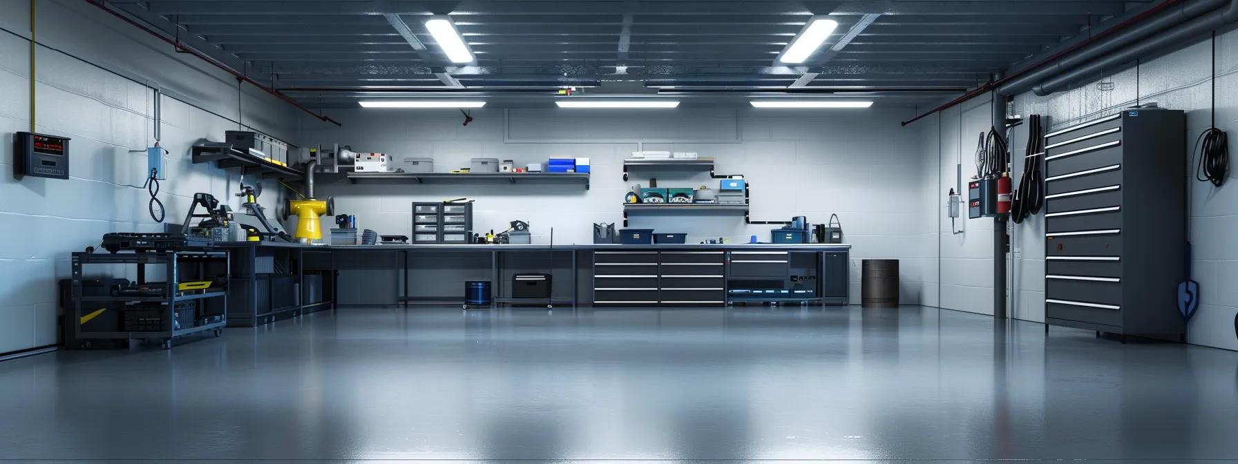 a sleek, modern basement workshop showcasing advanced waterproofing techniques, featuring professional-grade equipment and durable materials arranged strategically to emphasize safety and reliability in a well-lit, industrial environment.