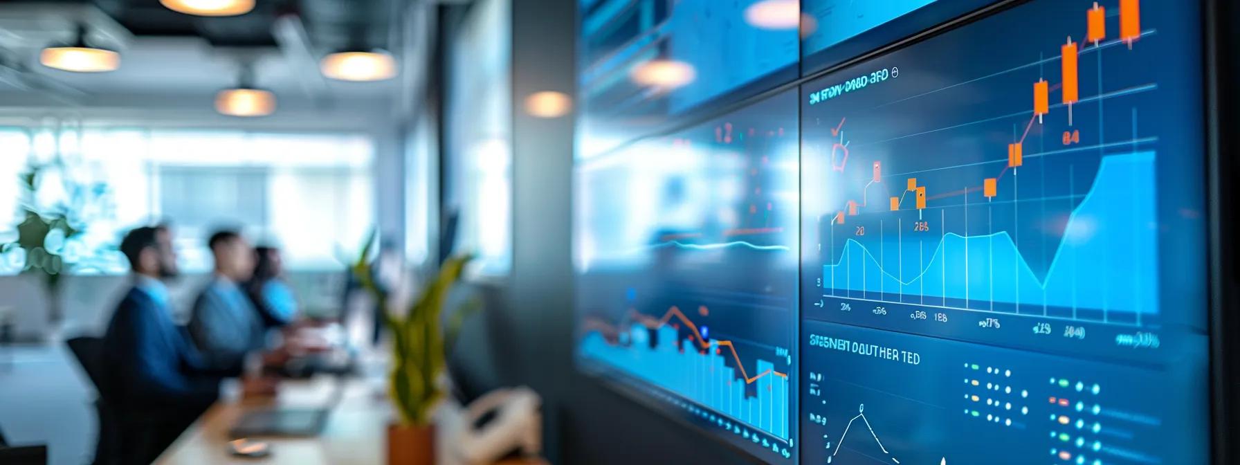 a sleek, modern office setting showcases a detailed presentation on a large screen, highlighting the advantages of professional basement waterproofing, with graphs illustrating investment value and effectiveness prominently featured, all under warm, professional lighting.