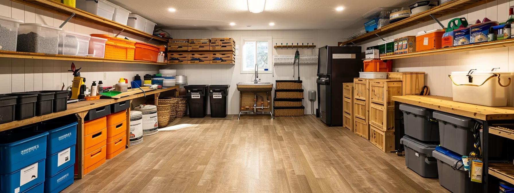 a well-lit, modern basement filled with clearly labeled waterproofing materials and tools, showcasing an organized space for homeowners to explore affordable basement waterproofing solutions in des moines.