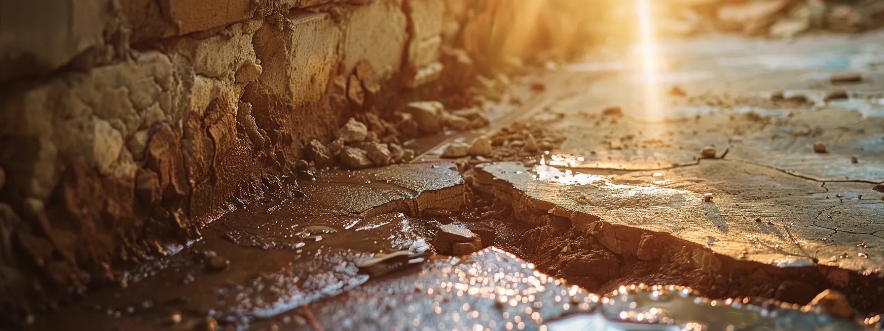 a close-up shot of a cracked foundation wall with water pooling at its base, illuminated by harsh sunlight, emphasizing the urgent need for repair and waterproofing solutions.