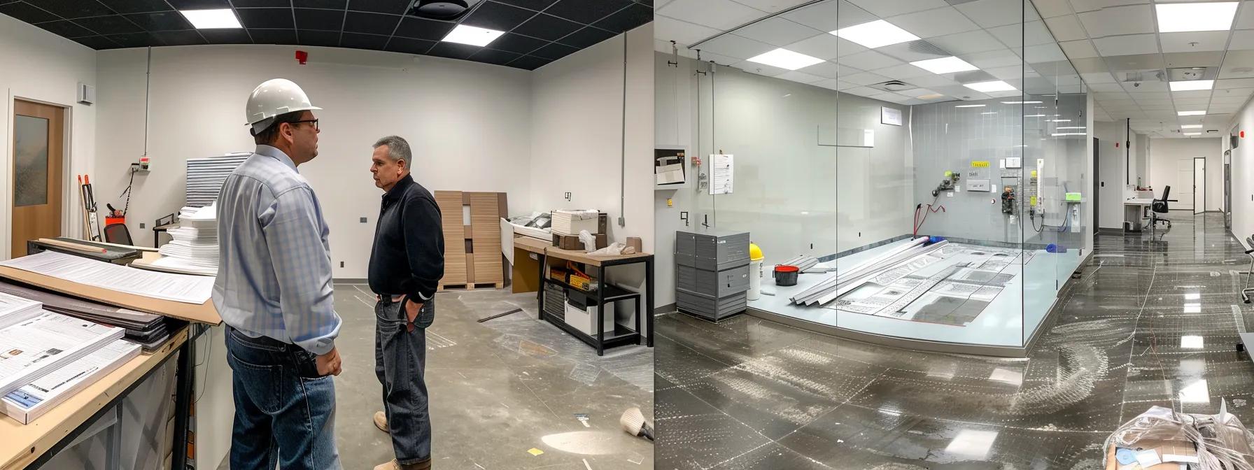 a confident homeowner examines detailed waterproofing plans with a knowledgeable contractor in a modern office space, highlighting the importance of professional expertise in basement waterproofing.