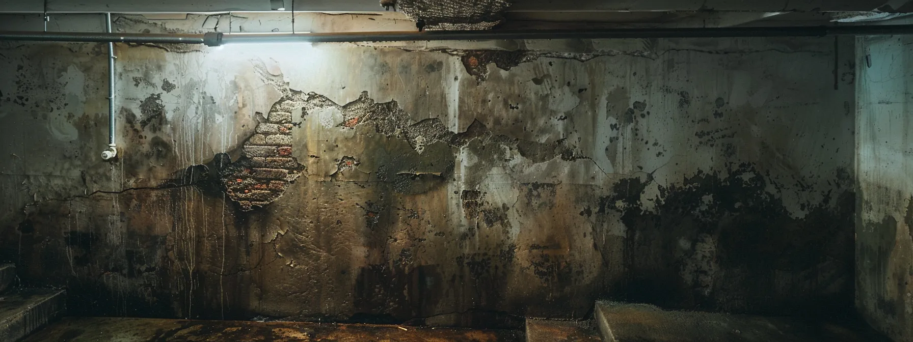 a damp, musty basement with visible water stains on the walls, showing signs of efflorescence and mold growth under dim lighting, highlighting the urgent need for waterproofing solutions.