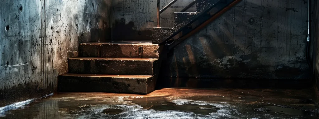 a dimly lit basement reveals dark, water-stained walls and puddles on the concrete floor, vividly illustrating early signs of waterproofing issues in a striking, high-contrast photograph.