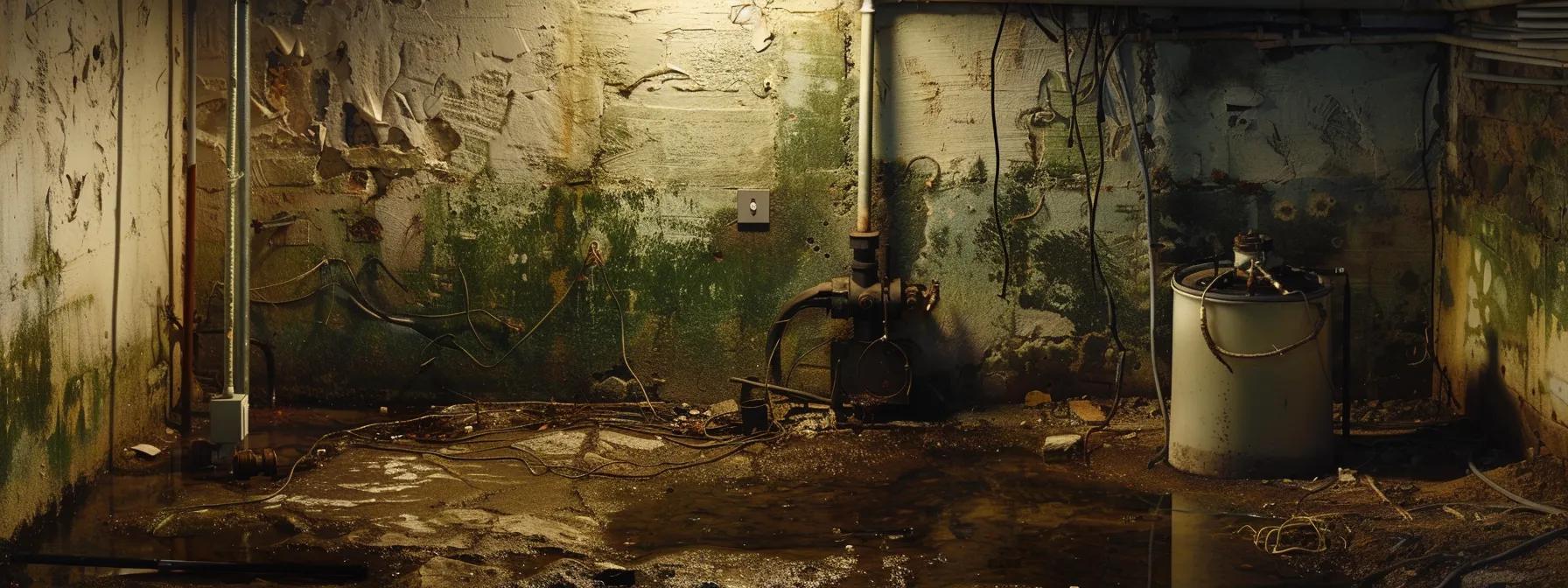 a dimly lit basement showcases a malfunctioning sump pump beside a visibly damp wall, emphasizing the stark contrast between the dry outer environment and the hidden internal moisture issues lurking within.