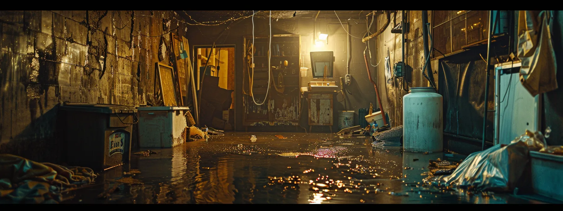a dimly lit basement, showcasing visible signs of water damage on the walls and floor, with droplets glistening under a single overhead light, emphasizing the urgent need for waterproofing solutions in a climate-affected environment.