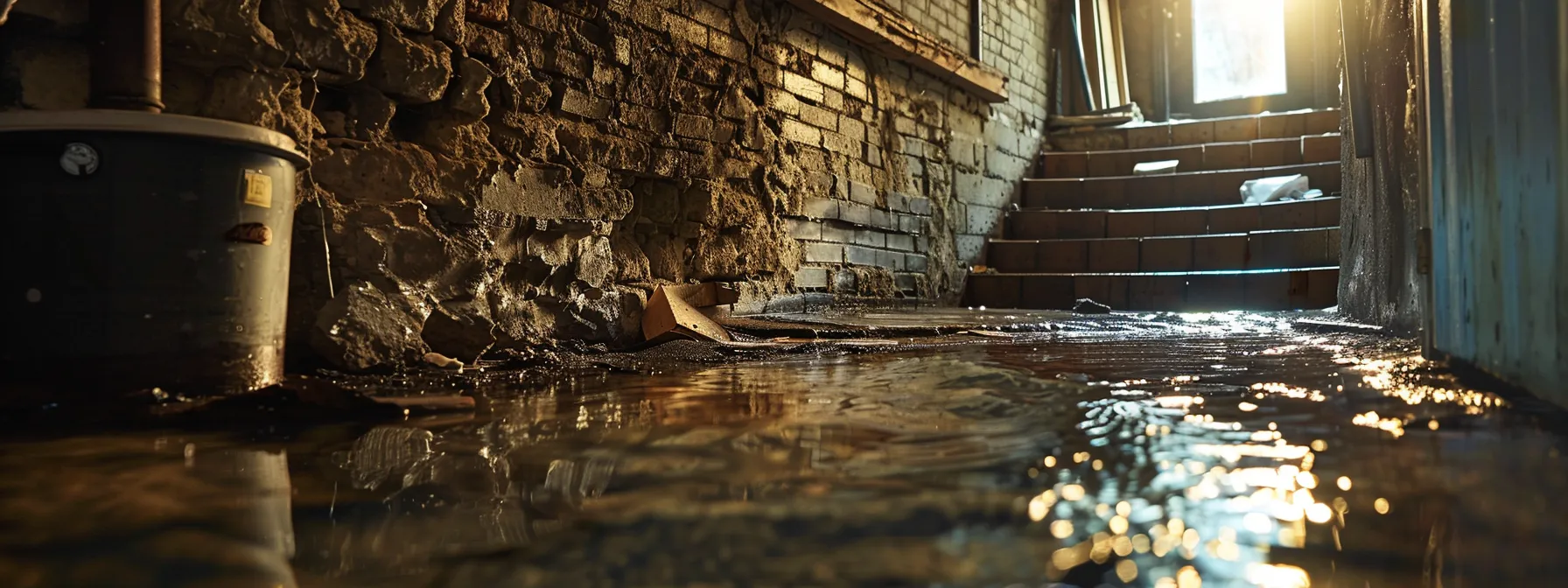 a dramatic basement scene vividly illustrates the destructive power of water infiltration, featuring a cracked foundation wall with visible dampness and pooling water, illuminated by harsh overhead lighting that accentuates the urgency of waterproofing issues.