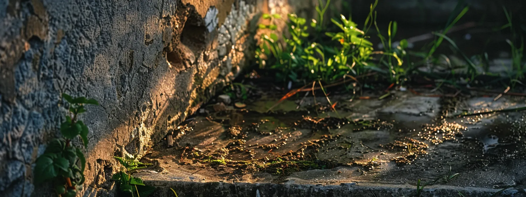 a dramatic close-up of a home foundation with visible water damage, emphasizing the stark contrast between a deteriorating structure and the vibrant green growth of nature, illuminated by golden hour sunlight to highlight the urgency of addressing waterproofing issues.