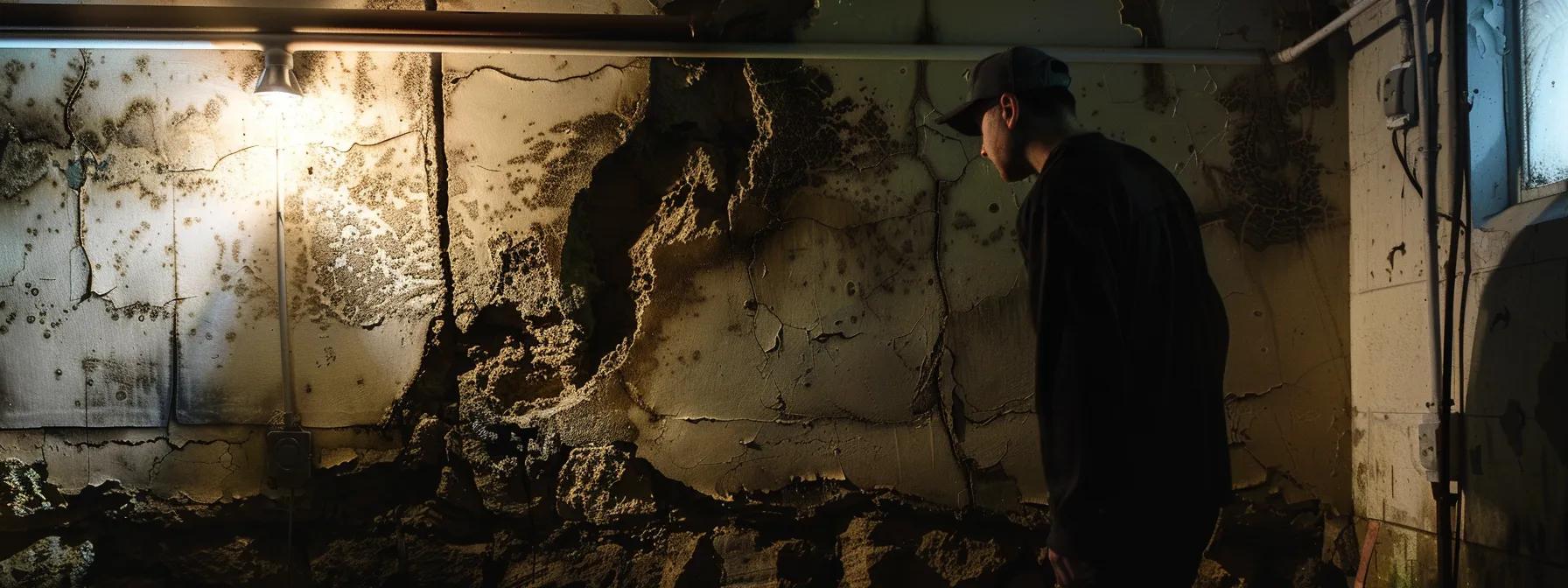 a focused view of a dimly lit basement revealing prominent wall cracks and signs of efflorescence, with a professional inspector examining the water damage around a window, highlighting the urgent need for waterproofing solutions.
