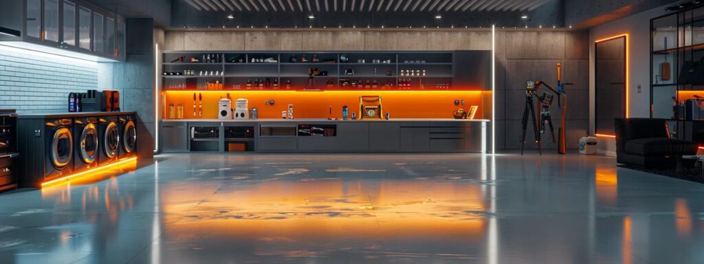 a modern basement equipped with advanced waterproofing technology, showcasing sleek, professional tools and materials arranged neatly on polished concrete floors under bright, focused led lighting.