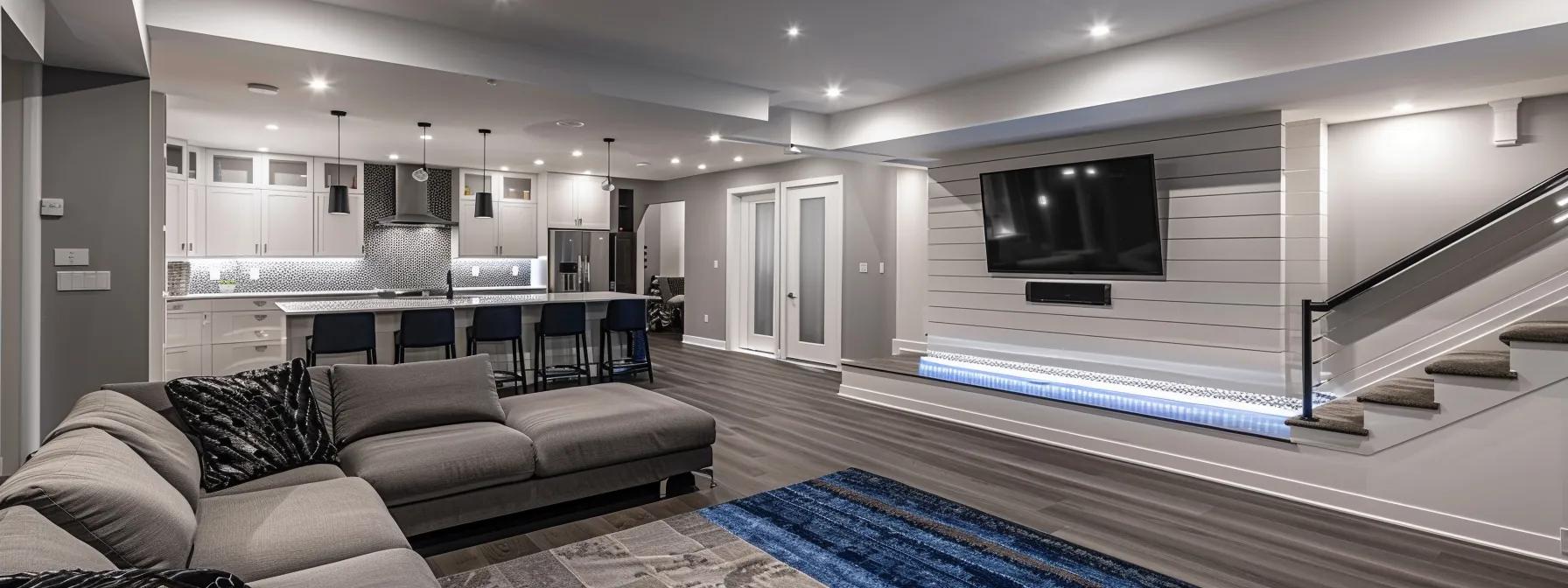 a modern basement interior showcases a sleek, waterproofed space equipped with energy-efficient insulation, featuring bright led lighting that highlights the clean lines and contemporary design, emphasizing the transformative impact on home energy efficiency.