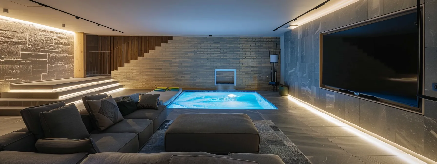 a modern basement showcases an expertly installed interior drainage system and wall sealing, highlighted by soft, ambient lighting that emphasizes the clean, dry environment and underscores the importance of effective waterproofing methods.