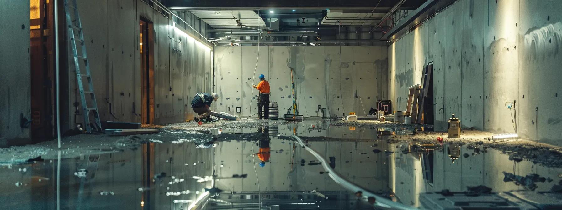 a modern, well-lit basement undergoing a professional waterproofing process showcases workers applying advanced sealing techniques to ensure a dry, safe environment, emphasizing the efficacy and innovation in basement waterproofing methods.