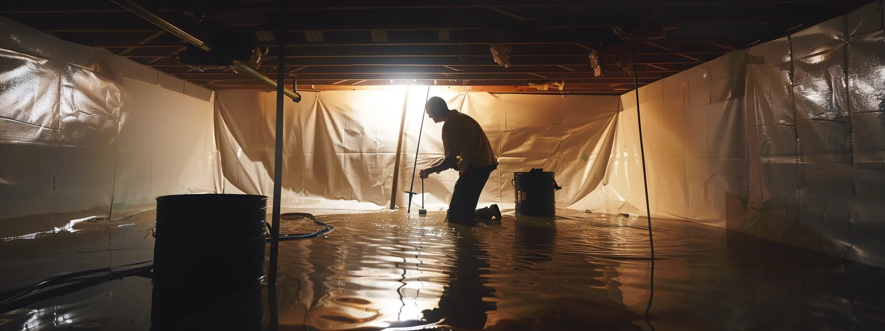 a serene basement scene showcases a reliable waterproofing contractor expertly applying a protective sealant to ensure a dry and safe space, illuminated by warm, reassuring lighting.