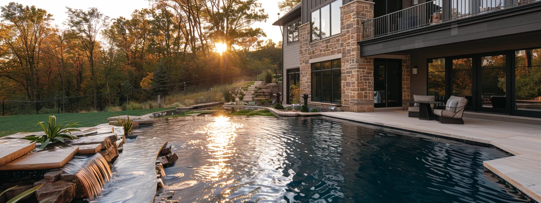 a serene home setting in des moines showcases a beautifully engineered basement waterproofing system, with clear water pooling away from a sturdy foundation, bathed in warm afternoon light highlighting the seamless integration of safety and design.