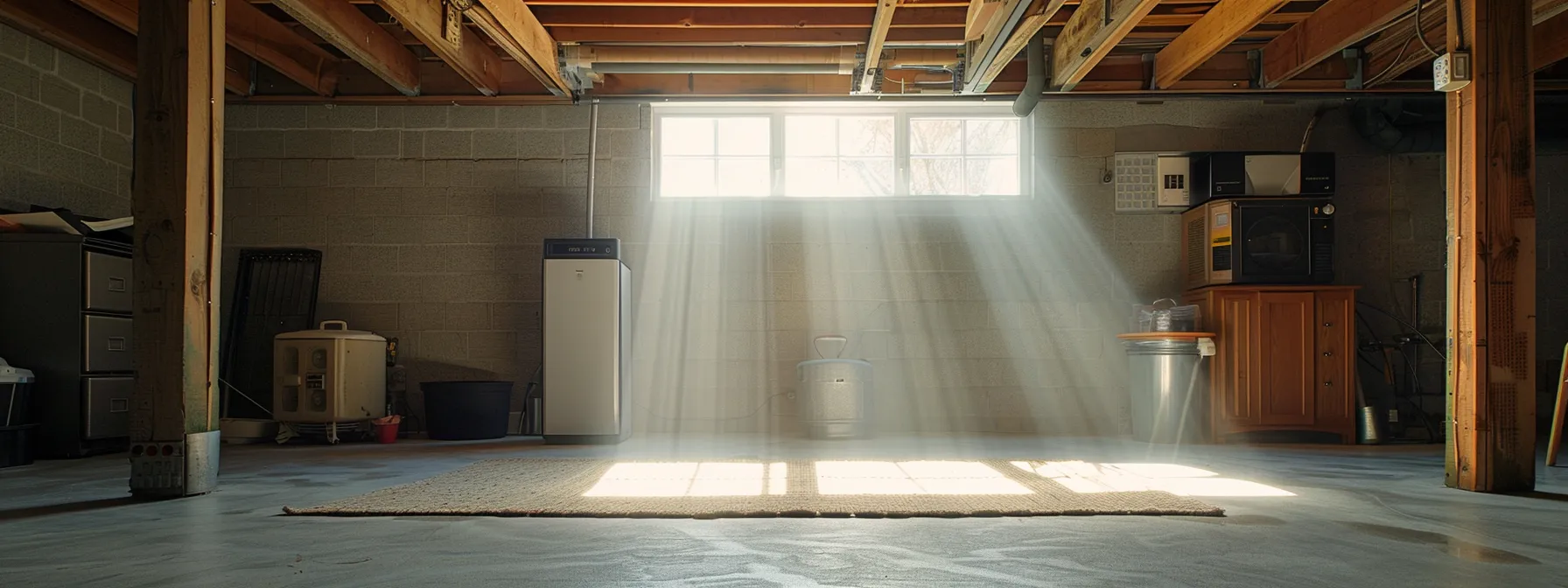 a serene, well-maintained basement showcases an efficient dehumidifier, with sunlight filtering through clean, clear windows, emphasizing the importance of moisture control and preventative measures against flooding.