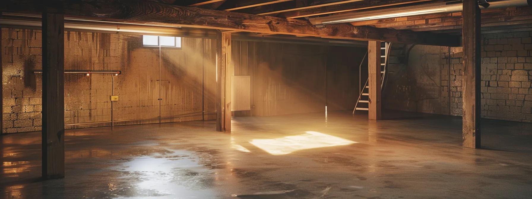 a sleek, modern basement interior showcases a clean, dry space with professional waterproofing solutions highlighted, emphasizing the importance of a secure environment that safeguards against mold and mildew growth.