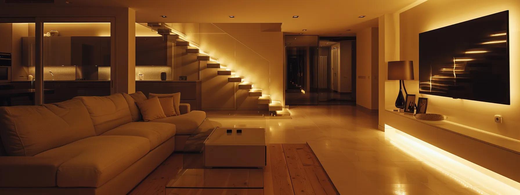 a sleek, modern basement space is illuminated by strategic lighting, showcasing advanced waterproofing technology such as a sump pump and waterproof membranes, emphasizing a clean and dry environment that reflects enhanced home protection and energy efficiency.