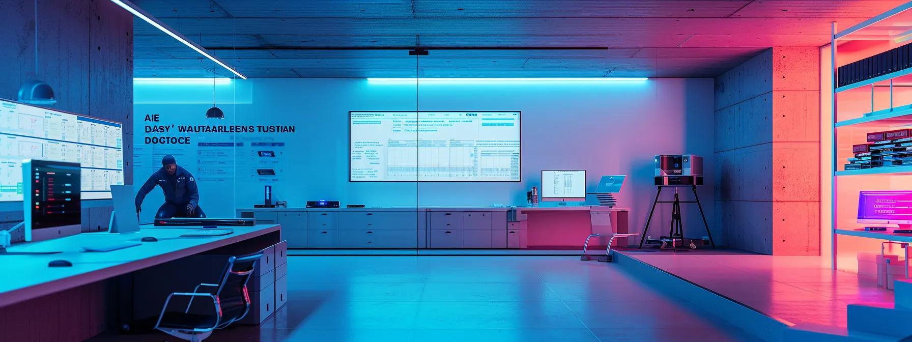 a sleek, modern basement waterproofing office with a technician inspecting a high-tech moisture meter against a backdrop of well-organized maintenance schedules and waterproofing system diagrams, illuminated by bright led lighting for a professional atmosphere.