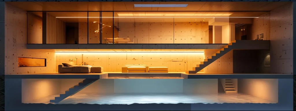 a visually compelling cross-section of a basement showcasing advanced waterproofing methods, illuminated by soft, focused lighting that highlights the contrast between dampness and the sleek, modern materials used to create a dry, secure environment.