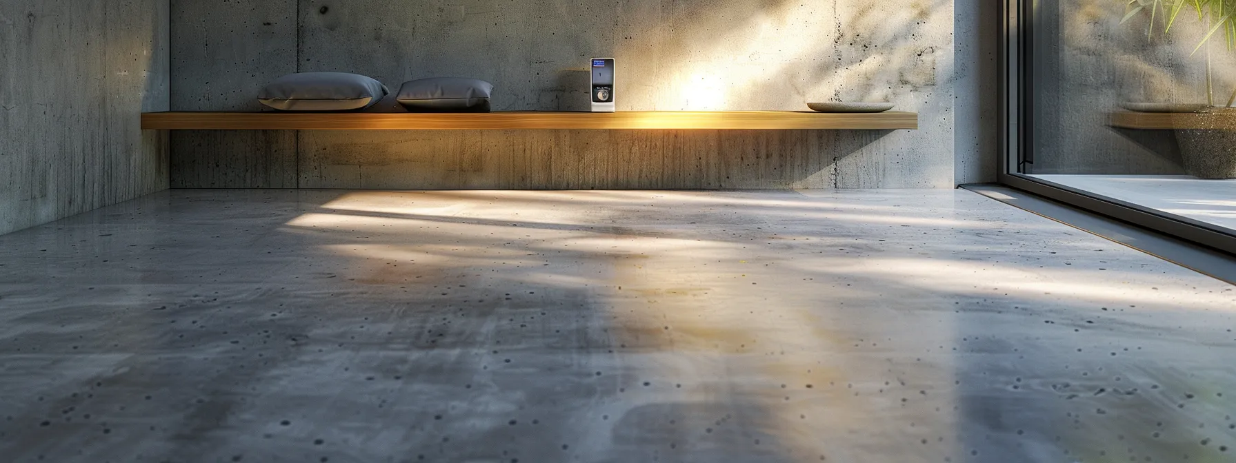 a well-lit, modern basement showcasing a sleek moisture meter placed on a polished concrete floor, emphasizing the importance of proactive home maintenance and the tranquil ambiance of a dry, organized space.