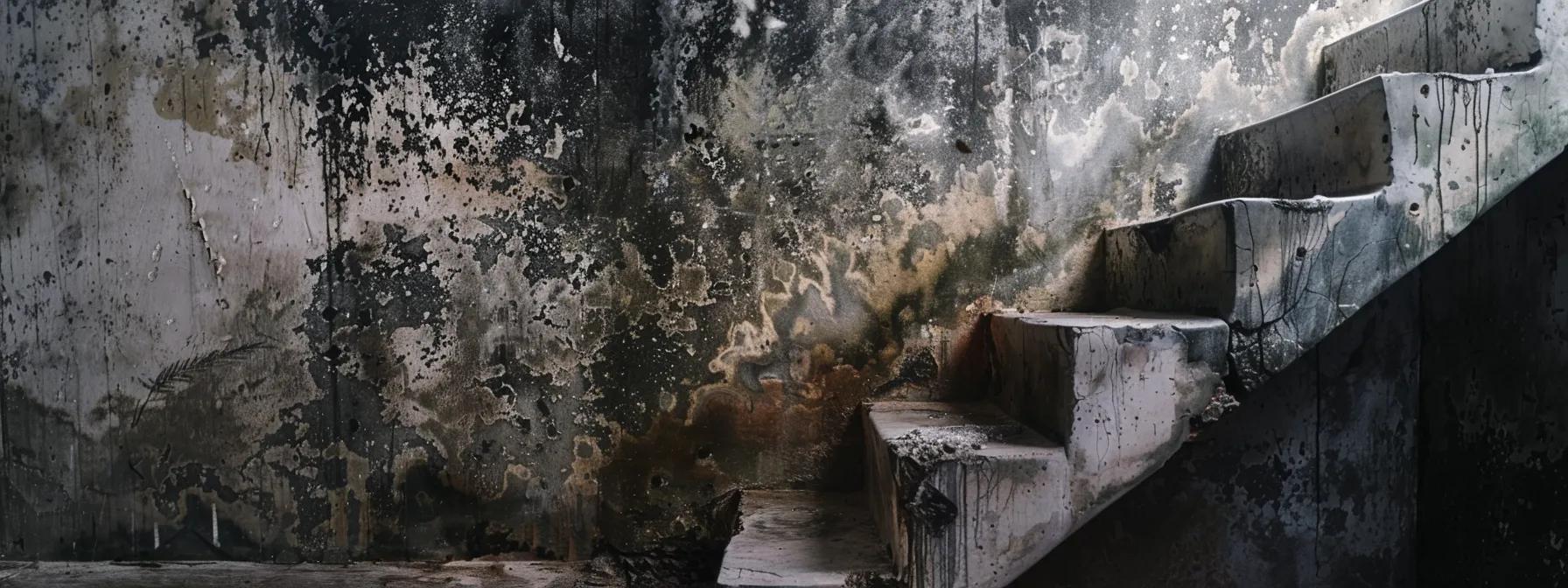 an informative and visually impactful scene unfolds in a dimly lit basement, showcasing a close-up of water stains and mold on the walls, highlighting the urgency of identifying early signs of water damage within a structured and monitored indoor environment.