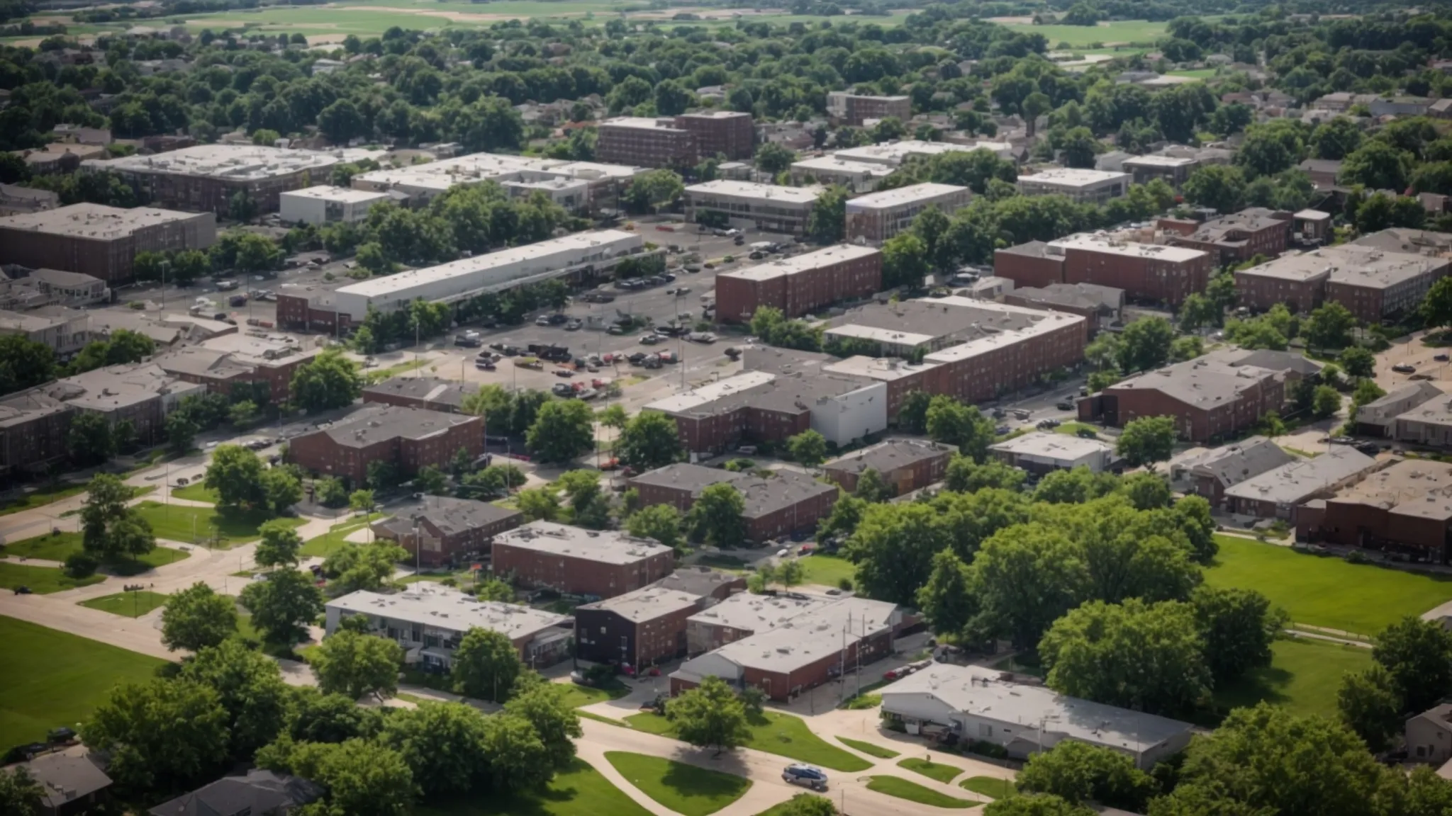 a dramatic aerial view of des moines showcases a vibrant urban landscape contrasted by lush green surroundings, highlighting the effects of rainfall on moisture levels and the diverse soil types that influence basement waterproofing decisions.