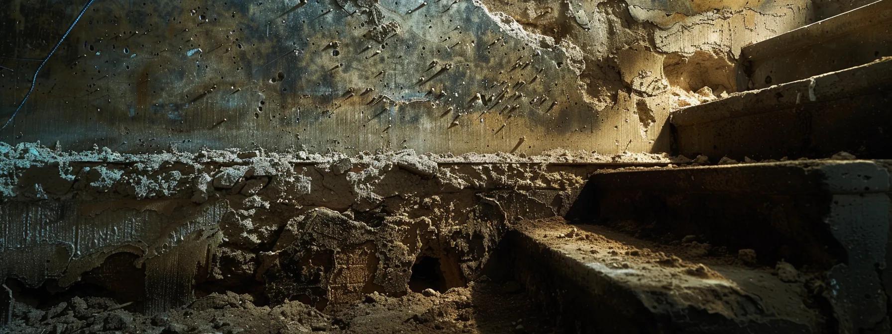 a detailed inspection of a foundation in a residential basement in des moines, showcasing clear signs of water penetration and soil issues, under bright artificial lighting that emphasizes the textures of the concrete and the intricacies of the foundation's structure.
