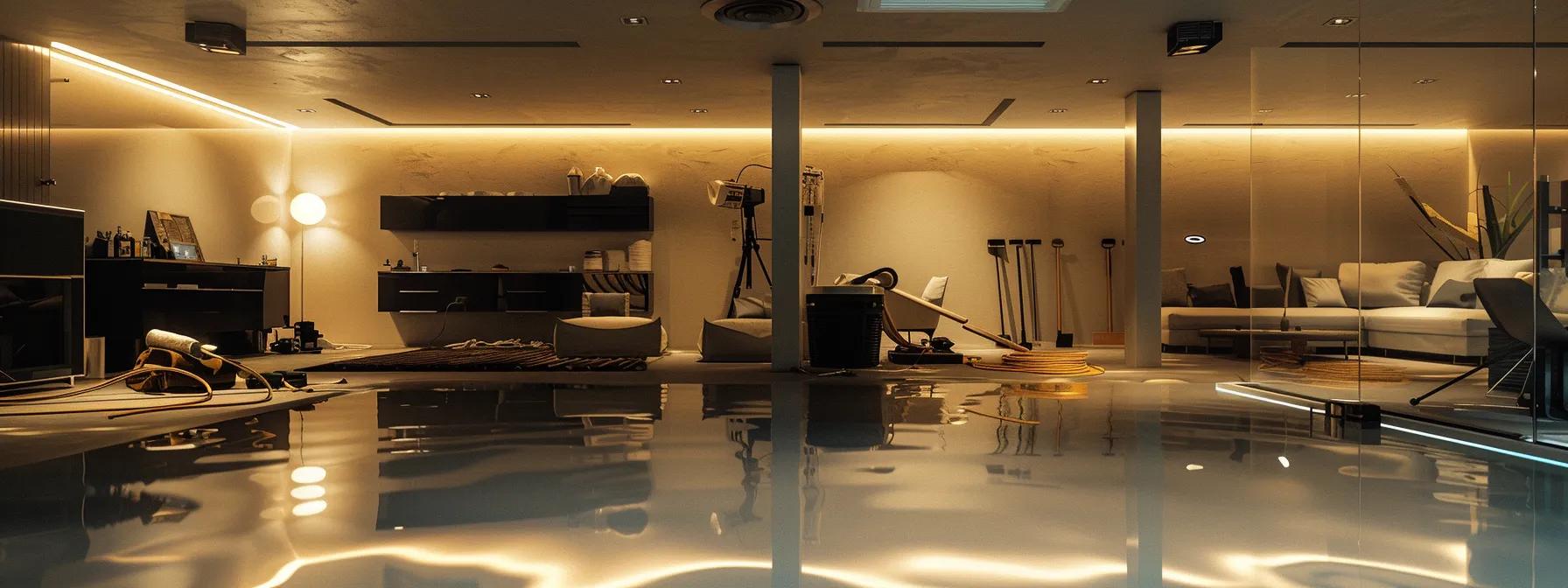 a sleek, modern basement with freshly installed waterproofing membranes and tools scattered about, illuminated by bright overhead lights, showcasing the meticulous process of ensuring complete water resistance.