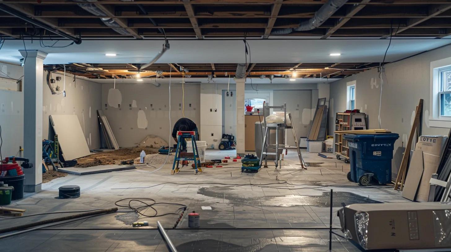 a contemporary basement space in des moines, showcasing a dynamic sealing process with contractors diligently working on waterproofing techniques, surrounded by tools and equipment, under bright overhead lights that emphasize the urgency and professionalism of the project.