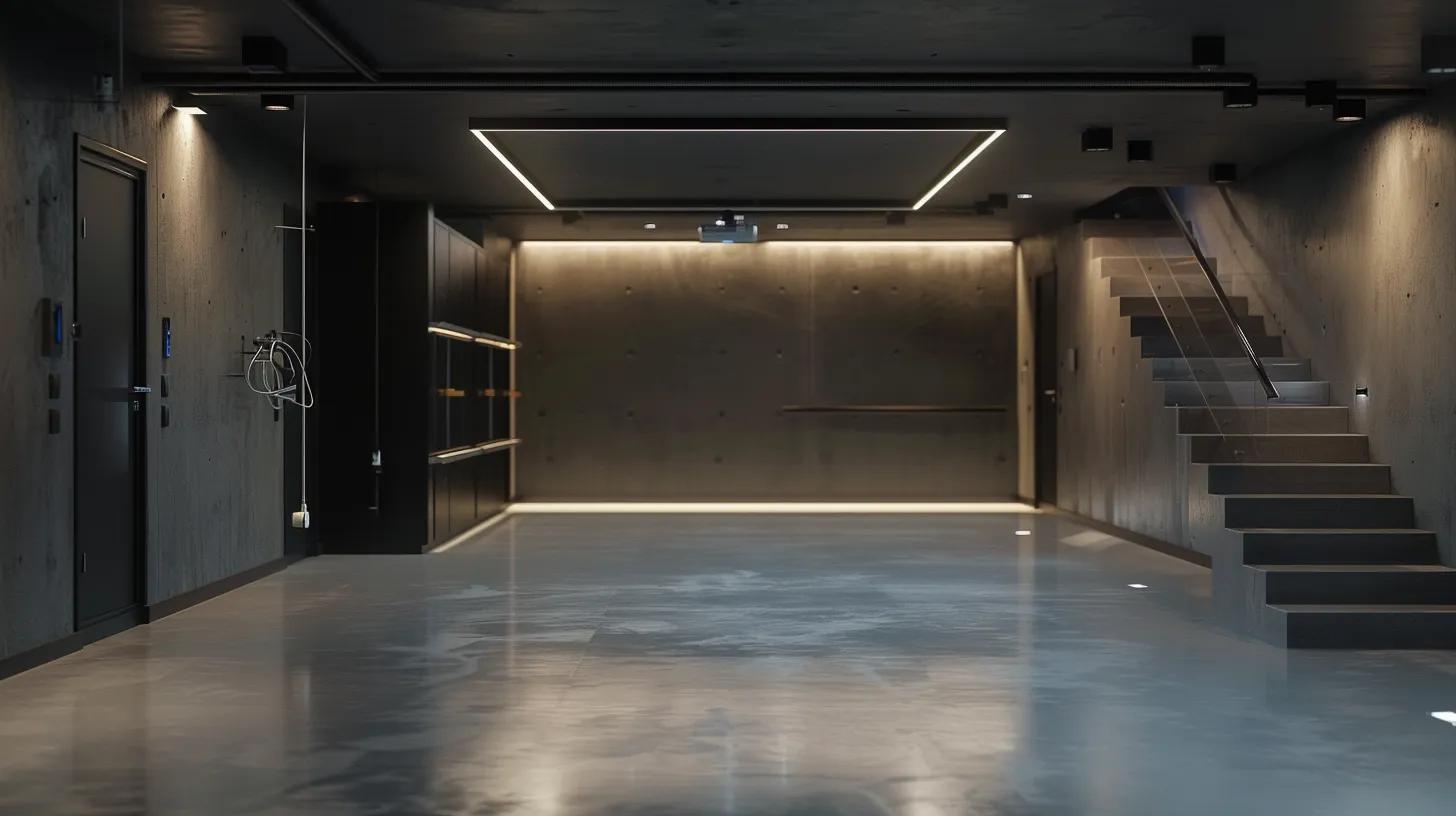 a modern basement interior showcasing a professionally sealed space, illuminated by bright overhead lights highlighting the smooth, dry walls and newly installed waterproofing systems, emphasizing a clean and safe environment free from moisture and mold.