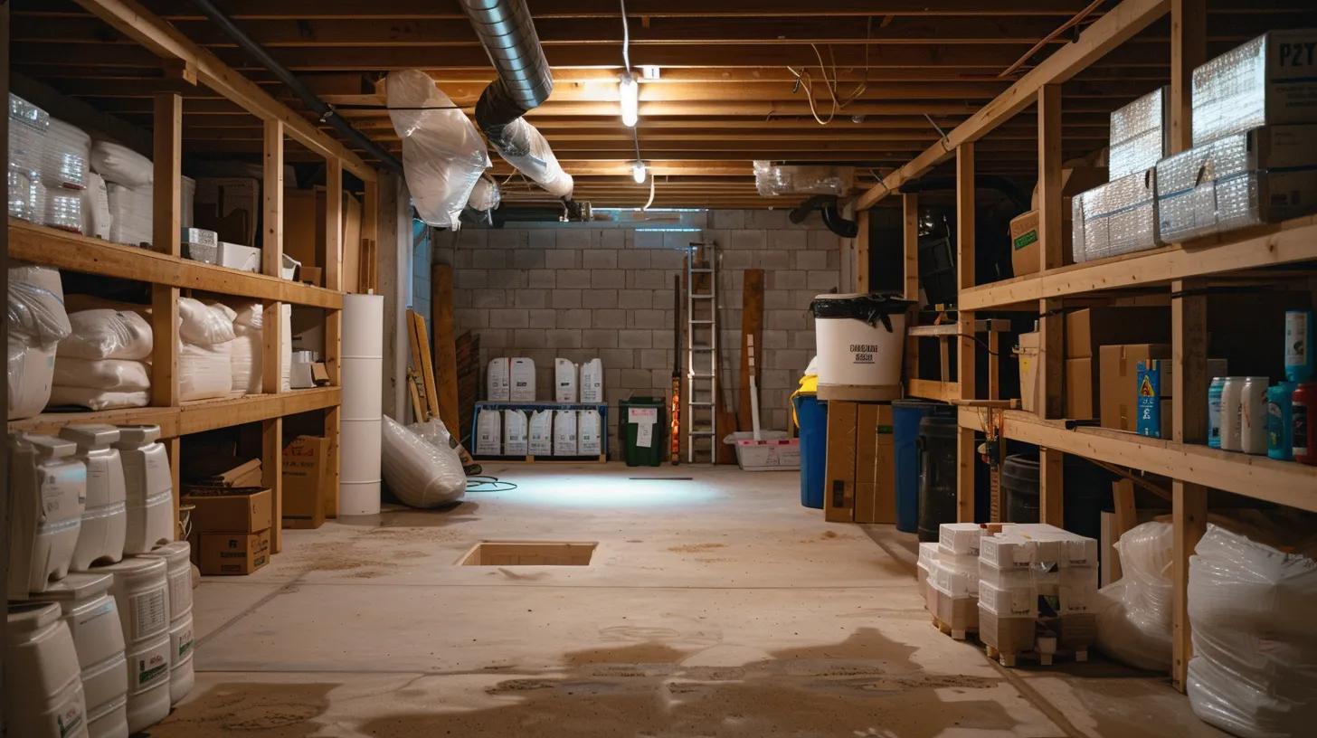 a well-lit basement interior showcases modern waterproofing equipment and materials arranged neatly along the walls, highlighting a proactive approach to preventing water damage and mold growth.