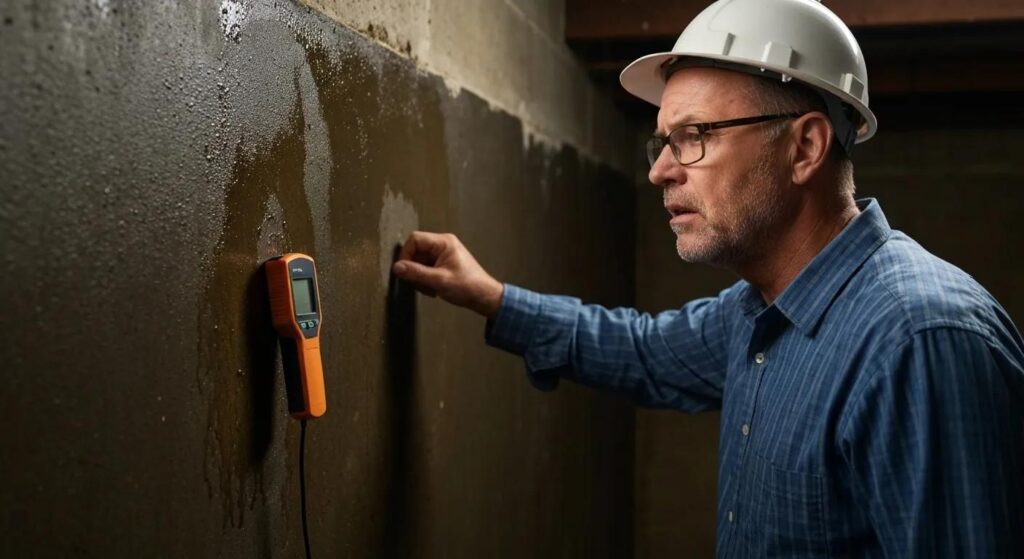 Des Moines homeowner inspecting damp patches, revealing signs of hidden basement water intrusion