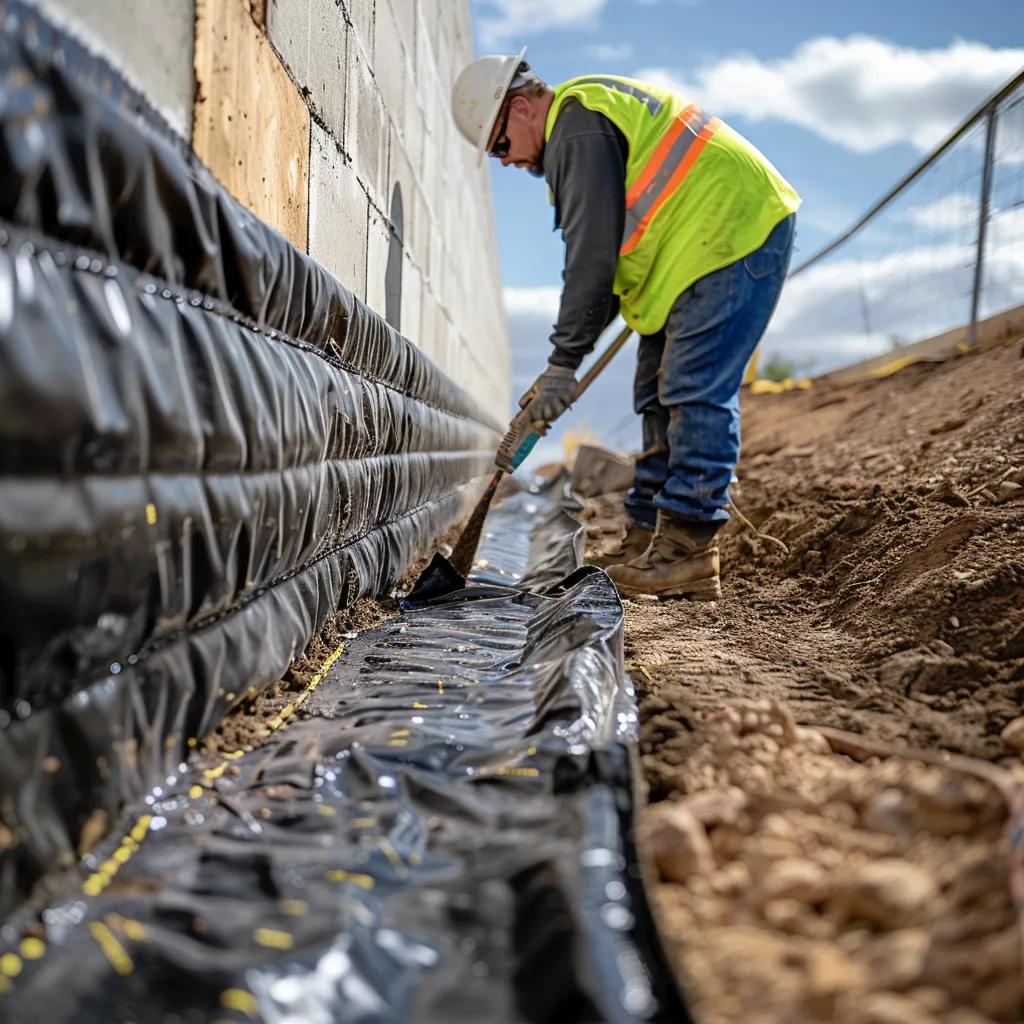 Installation of exterior membrane systems on a commercial foundation to prevent water intrusion