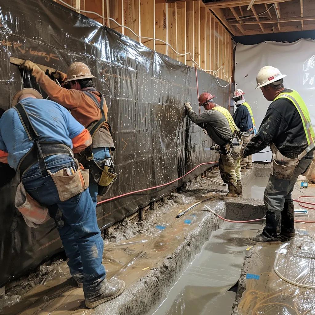 Commercial basement waterproofing process with workers applying waterproof membranes to a foundation wall