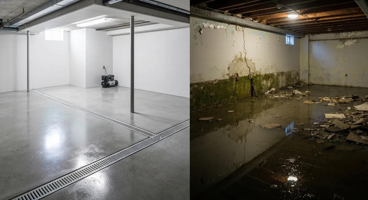 Comparison of a waterproofed basement versus a water-damaged basement