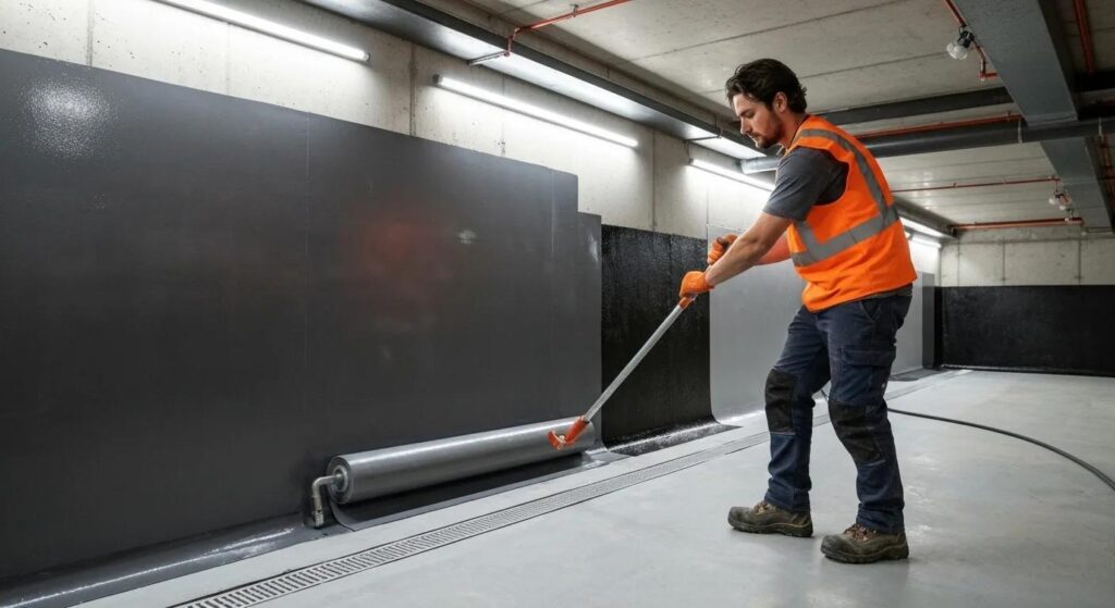 Modern basement waterproofing solution with technician applying membrane