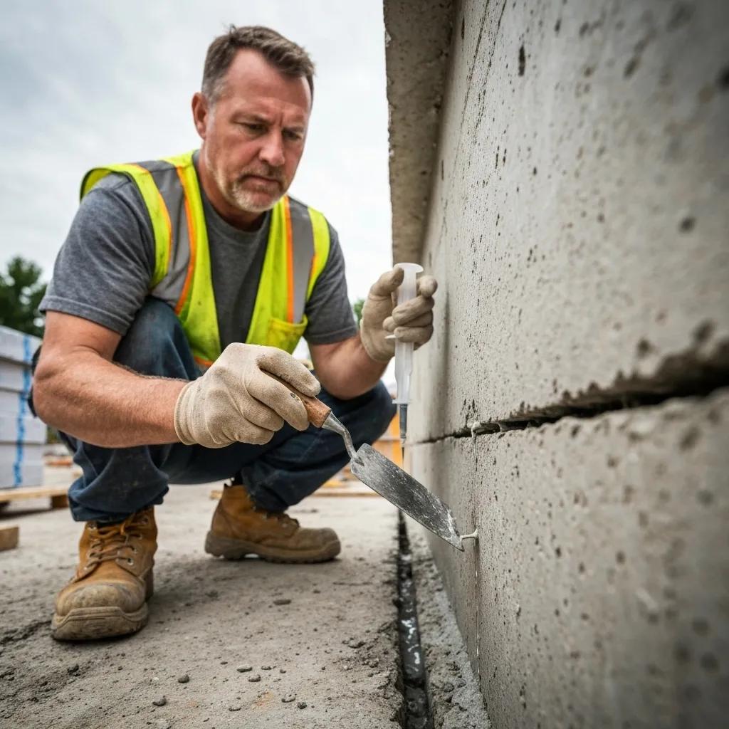 Technician applying epoxy injection for foundation crack repair