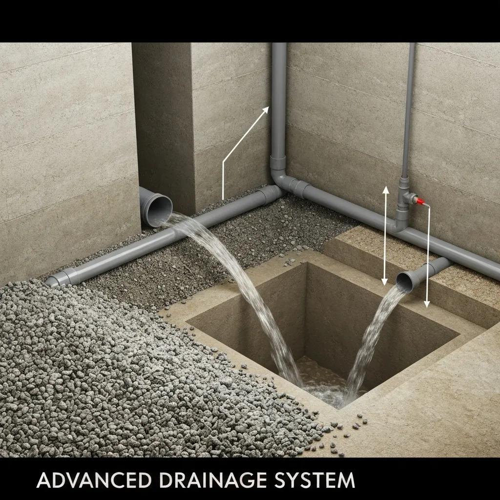Advanced drainage systems including French drain and sump pump in a commercial basement