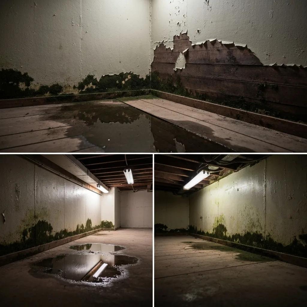 Visible signs of basement moisture including puddles and mold growth