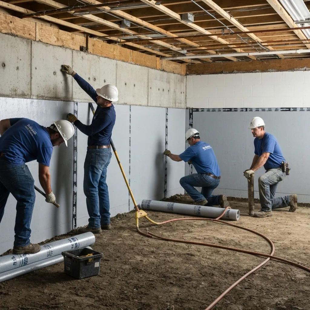 Professional team applying waterproofing membranes in a commercial basement