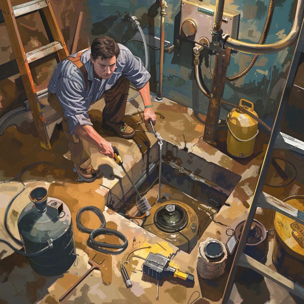 Technician installing a sump pump and interior drainage system to stop basement water