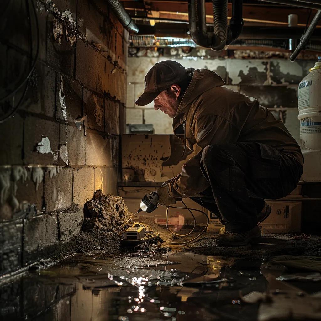 Professional inspecting a basement for leaks with tools, emphasizing urgency and expertise